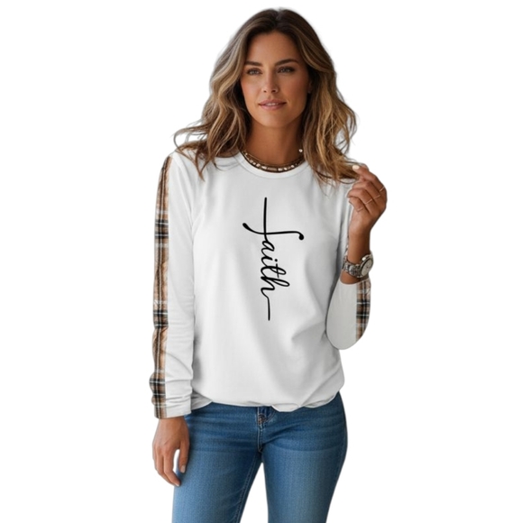 NWT Faith Long Sleeve Scoop Neck Top in White/Plaid - Picture 1 of 5